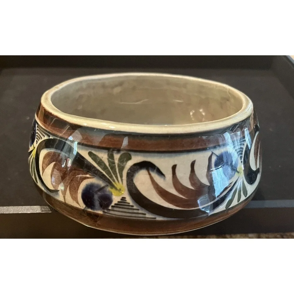 Cat/Small Dog Bowl Tonala Jalisco Mexico Floral Design Signed Handmade Pottery
